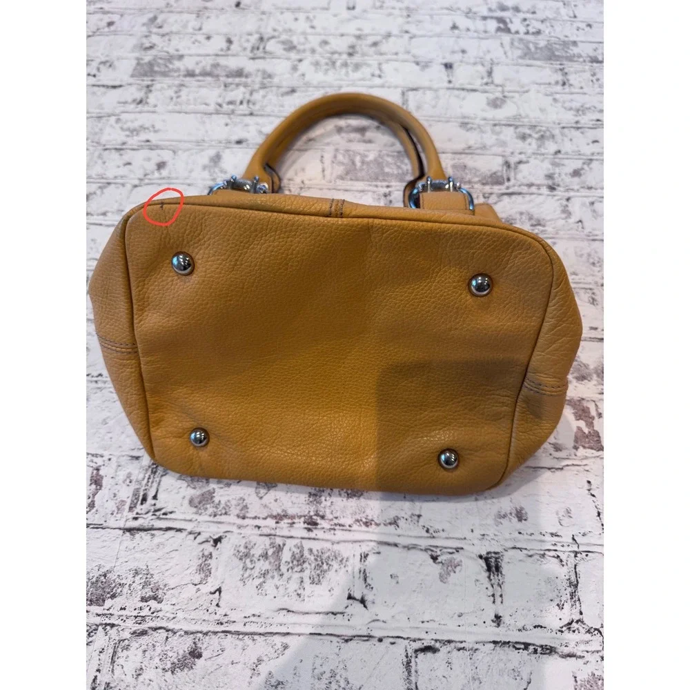 Tignanello Mustard Yellow Pebbled Leather Satchel Buckle Handbag Silver Hardware